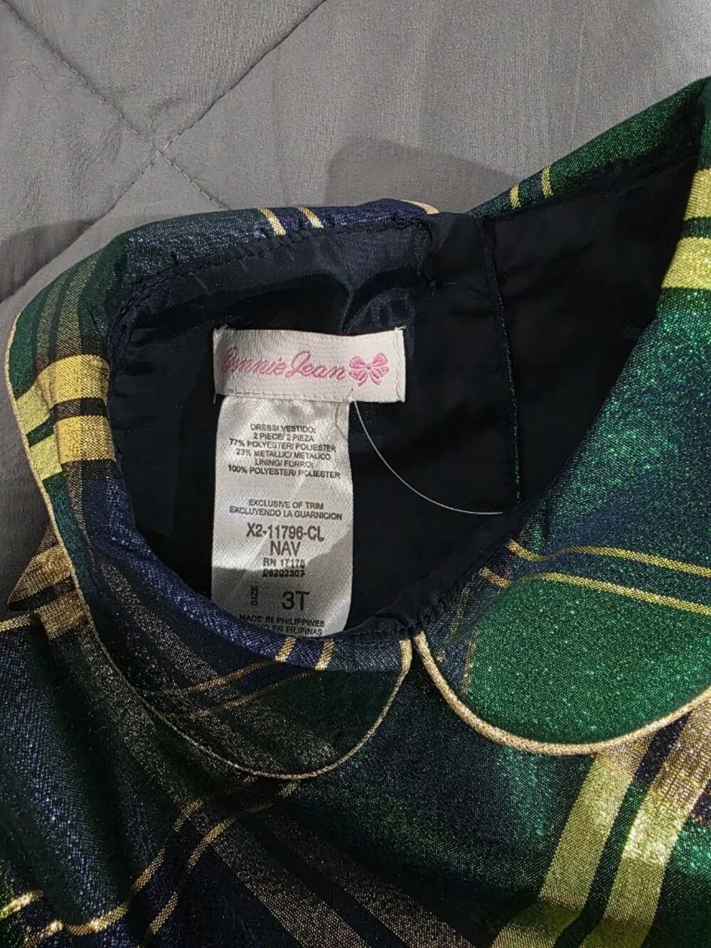 Bonnie Jean Girls 3T Metallic Green and Gold Plaid Party Holiday Christmas Dress